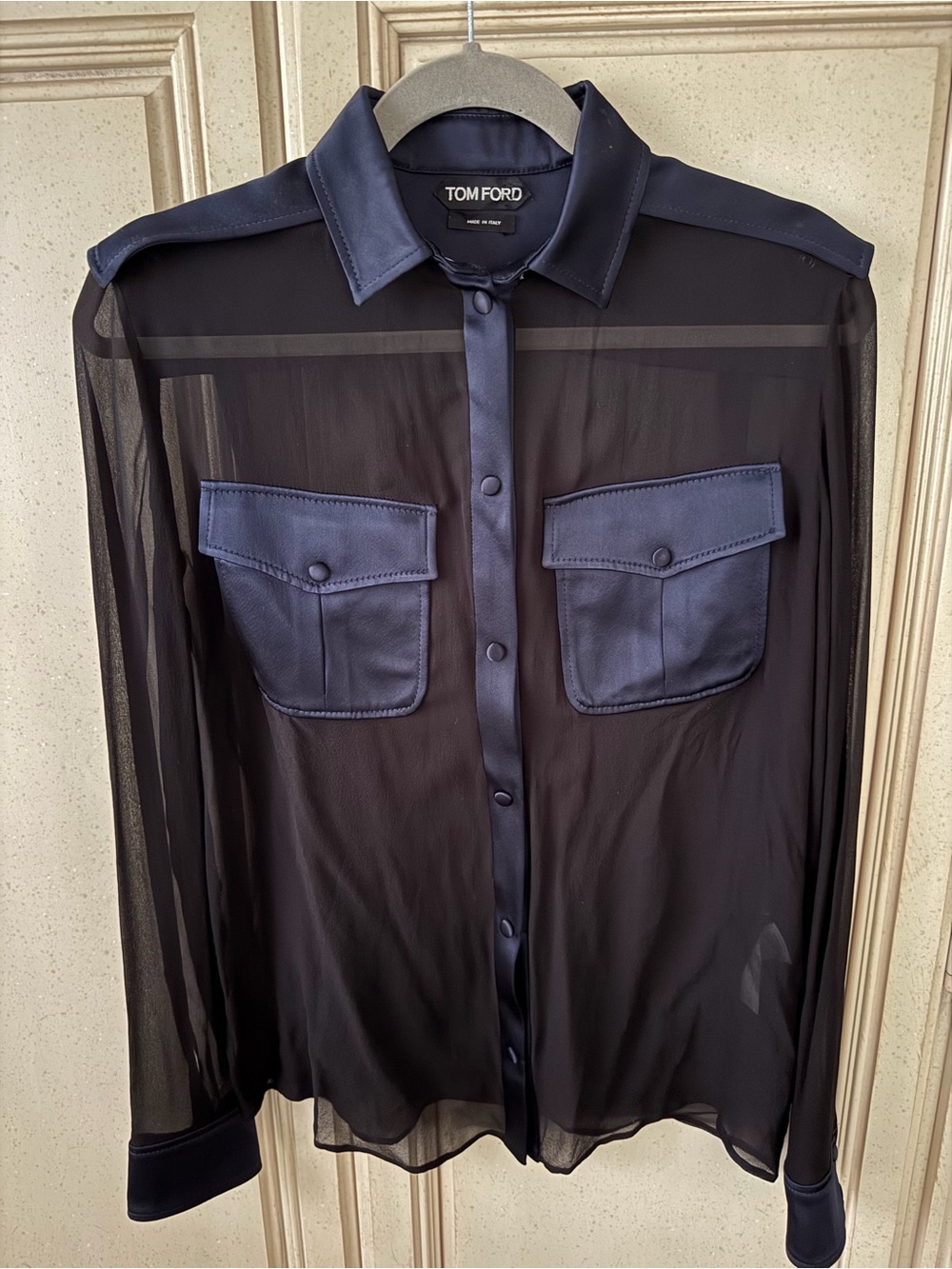 Tom Ford Black Sheer Dress Shirt with Navy Satin Trim